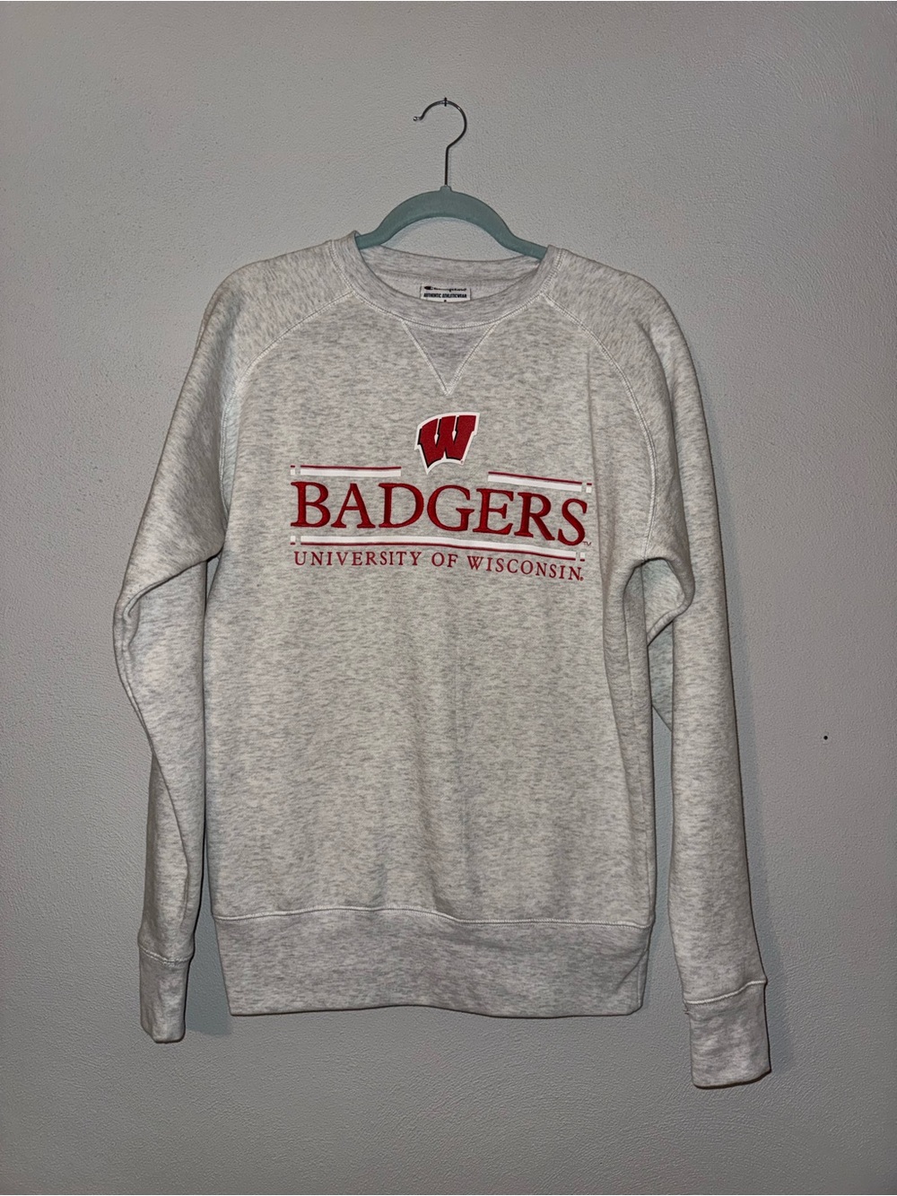 Champion Light Gray Crewneck Sweatshirt with Red Chest Logo